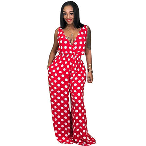 Polka V-neck Jumpsuit #V-Neck #Wide Leg #Polka SA-BLL55578 Women's Clothes and Jumpsuits & Rompers by Sexy Affordable Clothing