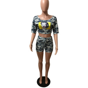 Dew Shoulder Camouflage Two-piece Shorts Set With Half Sleeves #Two Piece #Half Sleeves #Camo SA-BLL282517 Sexy Clubwear and Pant Sets by Sexy Affordable Clothing