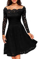 Black Long Sleeve Floral Lace Boat Neck Cocktail Swing Dress #Black SA-BLL36155-4 Fashion Dresses and Skater & Vintage Dresses by Sexy Affordable Clothing