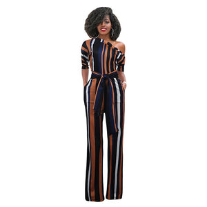 One Off Shoulder Print Colorful Striped Jumpsuit w/ Belt #One Shoulder #Striped SA-BLL55515-2 Women's Clothes and Jumpsuits & Rompers by Sexy Affordable Clothing