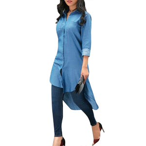 Denim Blue Casual Asymmetrical Mid Calf Dress #Turndown Collar #Asymmetrical SA-BLL51492 Fashion Dresses and Maxi Dresses by Sexy Affordable Clothing