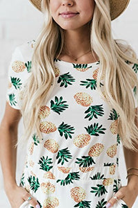 Women's Classic Striped Pineapple Print Short Sleeve Pocket Casual Midi Dresses by NENONA