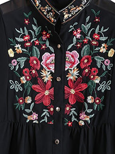 Tunic Top Floral Embroidered Long Sleeve Button Down Loose Blouse