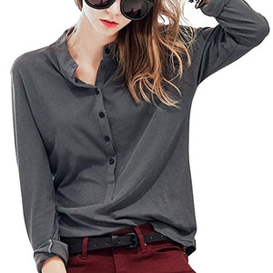 Women's Long Sleeves V-Neck Button Closure Casual Solid Shirt