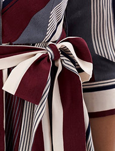 Women's Striped 2/3 Sleeve Midi Shirt Dress with Belt