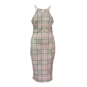 Sexy Round Neck Plaid Printed Knee Length Dress #Printed #Round Neck SA-BLL36165 Fashion Dresses and Midi Dress by Sexy Affordable Clothing
