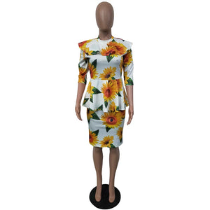 Printed Sunflower Fake Two Dresses #Printed #Sunflower SA-BLL36227 Fashion Dresses and Peplum Dresses by Sexy Affordable Clothing