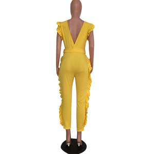 Open Back Ruffled Sleeveless Belted Jumpsuit #Sleeveless #Ruffled SA-BLL55569-1 Women's Clothes and Jumpsuits & Rompers by Sexy Affordable Clothing