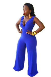 Deep V Neck Royal Blue Wide Leg Jumpsuit  SA-BLL55212 Women's Clothes and Jumpsuits & Rompers by Sexy Affordable Clothing