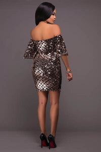 Yadira Bronze Sequins Black Bell Sleeves Dress  SA-BLL28130 Fashion Dresses and Mini Dresses by Sexy Affordable Clothing