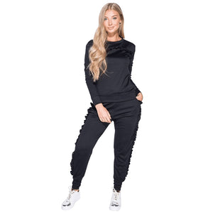 Women Long Sleeves Ruffles Patchwork Casual Two Piece Set #Black #Ruffles SA-BLL27728-1 Sexy Clubwear and Pant Sets by Sexy Affordable Clothing