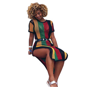 Summer Women Colorful Striped Mesh Sheer Club High Slit Dress #Short Sleeve #Striped #Mesh Sheer SA-BLL51181-1 Fashion Dresses and Maxi Dresses by Sexy Affordable Clothing