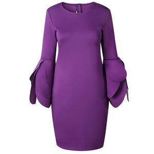 Exaggerated Round Neck Long Sleeve Knee Length Bodycon Dress #Round Neck #Plain #Unique Flower Cuffs SA-BLL36251-3 Fashion Dresses and Midi Dress by Sexy Affordable Clothing