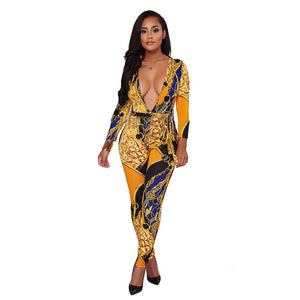 Astrid Multi-Color Print Plunging V-Neck Jumpsuit #Jumpsuit #Yellow SA-BLL55384 Women's Clothes and Jumpsuits & Rompers by Sexy Affordable Clothing