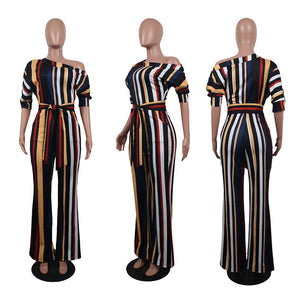 One Off Shoulder Print Colorful Striped Jumpsuits With Belt #One Shoulder #Striped SA-BLL55375-1 Women's Clothes and Jumpsuits & Rompers by Sexy Affordable Clothing