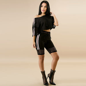 Hollow Out Black Mesh Crop Top And Shorts #Black #Mesh #Two Piece SA-BLL282536 Sexy Clubwear and Pant Sets by Sexy Affordable Clothing