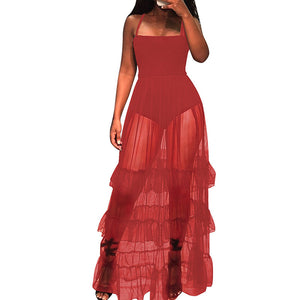 Black Mesh Long Halter Dress With Ruffled Hem #Red #Mesh #Halter #Ruffle SA-BLL51162-3 Fashion Dresses and Maxi Dresses by Sexy Affordable Clothing