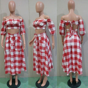 Red Plaid Pleated Off Shoulder Bandage Top And Maxi Skirt With Pockets #Off Shoulder #Plaid SA-BLL282559 Sexy Clubwear and Skirt Sets by Sexy Affordable Clothing
