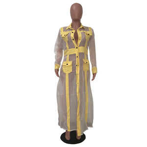See-through Casual Patchwork Yellow Long Coat #See-Through #Patchwork SA-BLL742 Women's Clothes and Blouses & Tops by Sexy Affordable Clothing