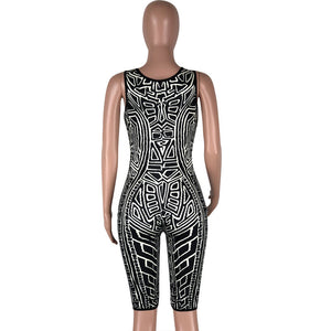 Geometric Print Deep V-neck One Piece Playsuit #Sleeveless #V-Neck #Print SA-BLL55614 Women's Clothes and Jumpsuits & Rompers by Sexy Affordable Clothing