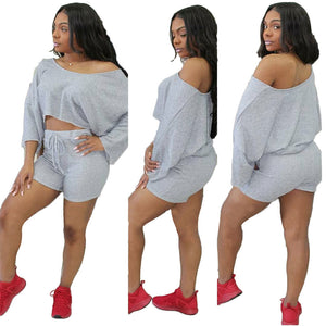 Casual Dew Shoulder Two-piece Shorts Set #Shorts #Long Sleeve #Bateau Neck #Plain SA-BLL282652-1 Sexy Clubwear and Pant Sets by Sexy Affordable Clothing