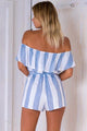 Blue Stripe Off The Shoulder Ruffle Romper  SA-BLL55302 Women's Clothes and Jumpsuits & Rompers by Sexy Affordable Clothing