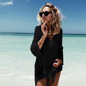 Black Lace-up Neck Long Fishnet Beachwear Dress #Black SA-BLL384944-1 Sexy Swimwear and Cover-Ups & Beach Dresses by Sexy Affordable Clothing