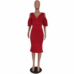 Cold Shoulder Solid Color V Neck Butterfly Sleeve Midi Dress #Red #V Neck #Butterfly Sleeve SA-BLL36239-1 Fashion Dresses and Midi Dress by Sexy Affordable Clothing
