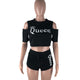 Cold Shoulder Print Two Pieces Suit #Black #Letter #Queen SA-BLL282651-1 Sexy Clubwear and Pant Sets by Sexy Affordable Clothing