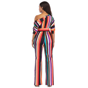 One Off Shoulder Print Colorful Striped Jumpsuits With Belt #One Shoulder #Striped SA-BLL55375-3 Women's Clothes and Jumpsuits & Rompers by Sexy Affordable Clothing