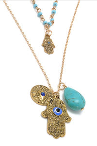 Women Chic Boho Turquoise Hamsa Blue Evil Eye Pendant Double Lay  SA-BLTY075 Accessories and Necklace by Sexy Affordable Clothing