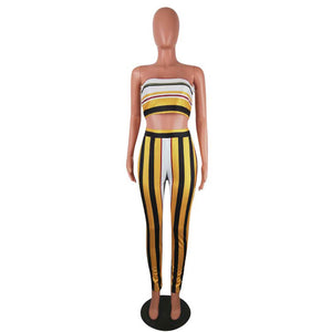 Casual Striped Yellow Qmilch Pants Set w/Jacket #Strapless #Printed #Striped #Three Pieces SA-BLL2698 Sexy Clubwear and Pant Sets by Sexy Affordable Clothing