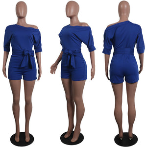 Retro Short Plain Rompers With Belt #Blue #One Shoulder #Retro SA-BLL55519-4 Women's Clothes and Jumpsuits & Rompers by Sexy Affordable Clothing