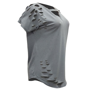 Womens Plus Size Ripped Cut Out Plain Short Sleeve T Shirt Grey #Grey SA-BLL493-3 Women's Clothes and Women's T-Shirts by Sexy Affordable Clothing