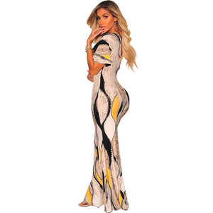 Yellow Nude Snake Print V Neck Maxi Dress #V Neck #Print SA-BLL51438-2 Fashion Dresses and Maxi Dresses by Sexy Affordable Clothing
