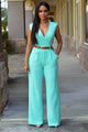 Deep V-Neck Blue Belted Jumpsuit  SA-BLL55184-1 Women's Clothes and Jumpsuits & Rompers by Sexy Affordable Clothing