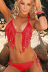 Red Triangle Bikini With Generous Bead Fringe and Toggle String