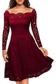 Red Long Sleeve Floral Lace Boat Neck Cocktail Swing Dress #Red SA-BLL36155-3 Fashion Dresses and Skater & Vintage Dresses by Sexy Affordable Clothing