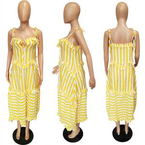 Striped Straps Irregular Bohemian Maxi Dress With Drawstring Ruffle #Bohemian #Irregular #Spaghetti Strap SA-BLL51363 Fashion Dresses and Maxi Dresses by Sexy Affordable Clothing