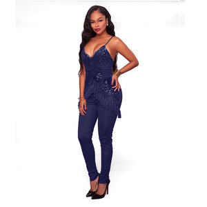 Selah Blue Sequin Embellished Tassel Jumpsuit #Jumpsuit #Blue SA-BLL55380-1 Women's Clothes and Jumpsuits & Rompers by Sexy Affordable Clothing