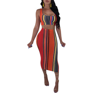 Colorful Stripped Vest and Under-Knee Skirt #Stripe #Two Piece SA-BLL282471 Sexy Clubwear and Skirt Sets by Sexy Affordable Clothing