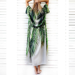Green Leaf Print Long Beach Kimono Robe #Kimono #Printed SA-BLL38512 Sexy Swimwear and Cover-Ups & Beach Dresses by Sexy Affordable Clothing