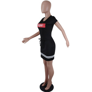 Letter Print Club Dress With Drawstring Waist #Black #Short Sleeve #O Neck SA-BLL282664-1 Sexy Clubwear and Club Dresses by Sexy Affordable Clothing