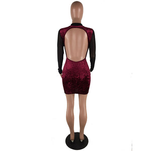 See Through Mesh Long-Sleeve Backless Velvet Dress #Mesh #Backless #See Through SA-BLL2738 Fashion Dresses and Mini Dresses by Sexy Affordable Clothing