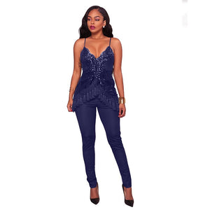 Selah Blue Sequin Embellished Tassel Jumpsuit #Jumpsuit #Blue SA-BLL55380-1 Women's Clothes and Jumpsuits & Rompers by Sexy Affordable Clothing