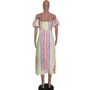 Cold Shoulder Ruffle Striped Printed Yellow Mid Calf Dresses #V Neck #Spaghetti Strap SA-BLL51465 Fashion Dresses and Maxi Dresses by Sexy Affordable Clothing