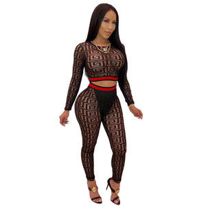 Sexy See-through Printed Skinny Two-piece Pants Set #Black #Long Sleeve #Print SA-BLL2728 Sexy Clubwear and Pant Sets by Sexy Affordable Clothing