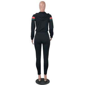 Hooded Casual Collar Striped Two-piece Pants Set #Black #Two Piece #Hooded #Striped SA-BLL2697-1 Sexy Clubwear and Pant Sets by Sexy Affordable Clothing