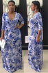 Blue Leave Pattern Deep V Neck Half Sleeve Maxi Dresses