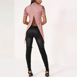 Hollow Out Back Split Slim Casual Tops #Pink #Top SA-BLL578-1 Women's Clothes and Blouses & Tops by Sexy Affordable Clothing